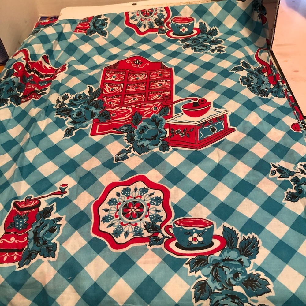 Vintage Teal and Red Checkered Fabric 35” 8 yds- perfect for your farmhouse. New